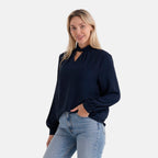 - Maisi Elegant Keyhole Neckline Long-Sleeved Top (Size M, Fit 12 To 14) - Blue