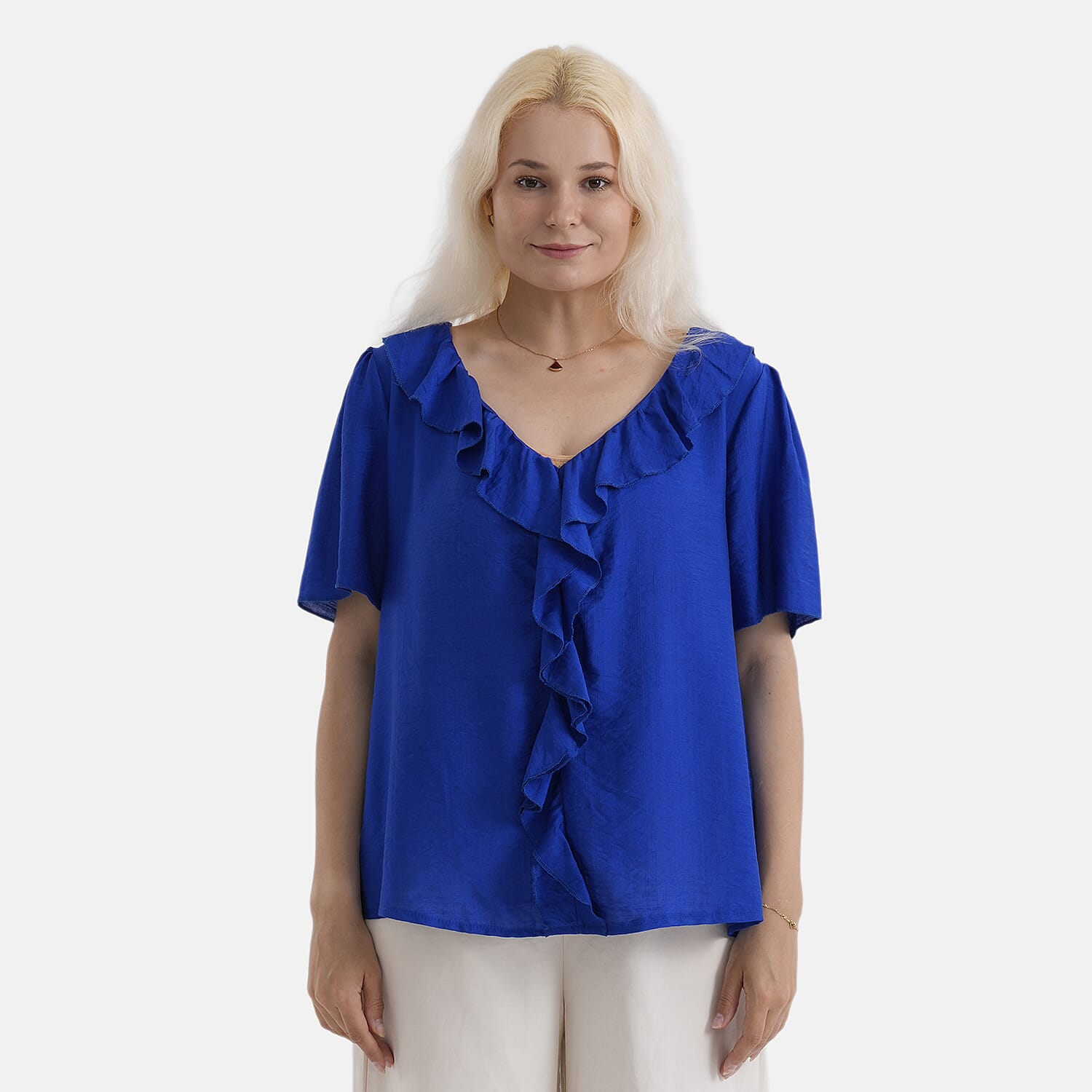- Maisi Ruffled Collar Short Sleeve Blouse (Size M) - Navy Blue