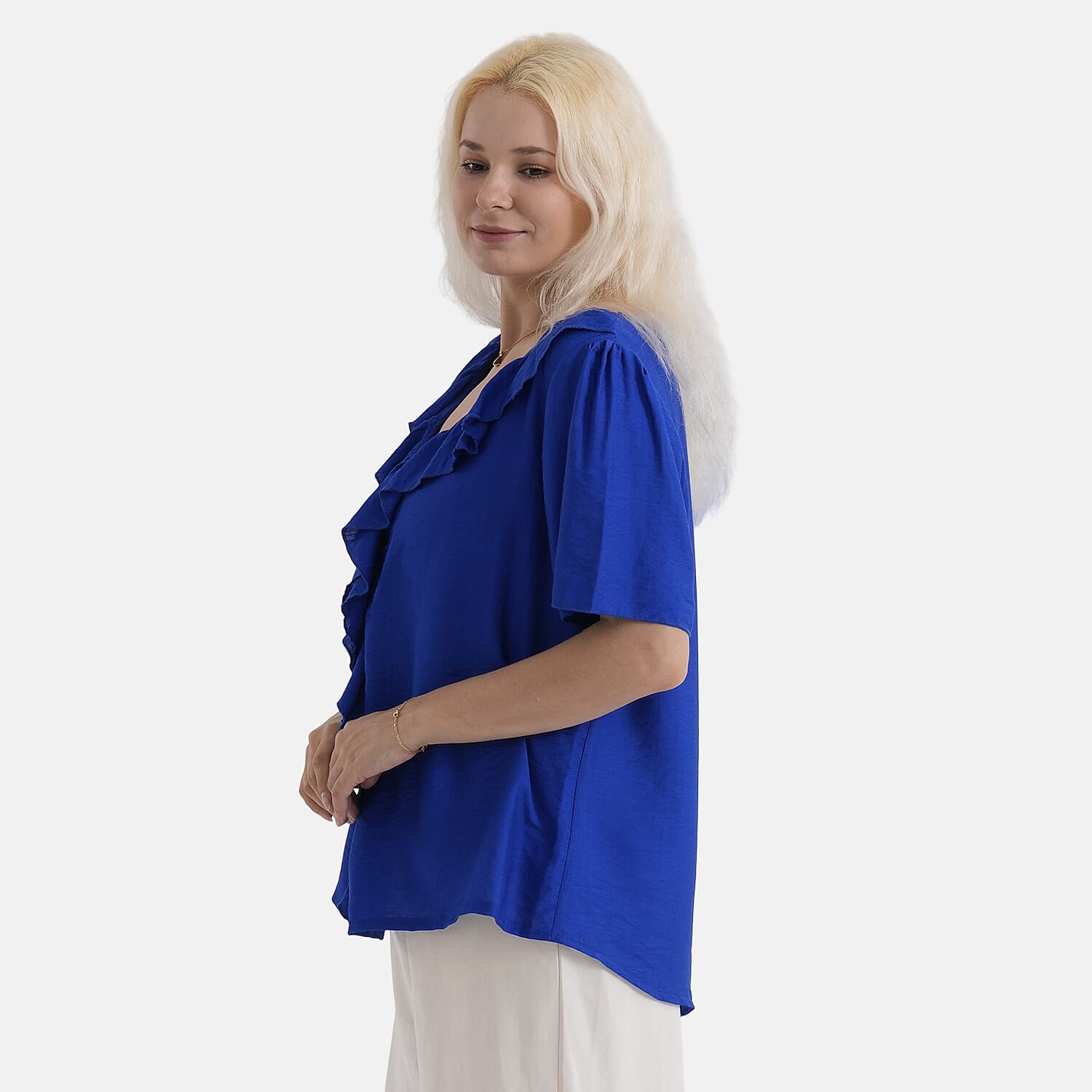- Maisi Ruffled Collar Short Sleeve Blouse (Size M) - Navy Blue