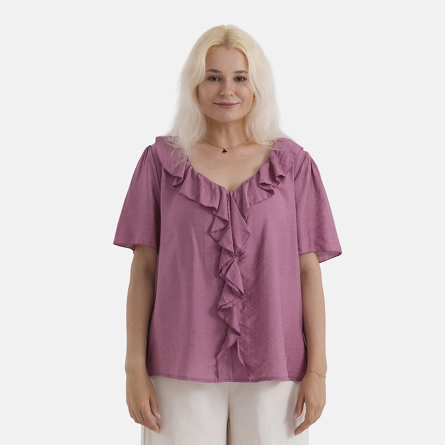 - Maisi Ruffled Collar Short Sleeve Blouse (Size - M) - Light Maroon