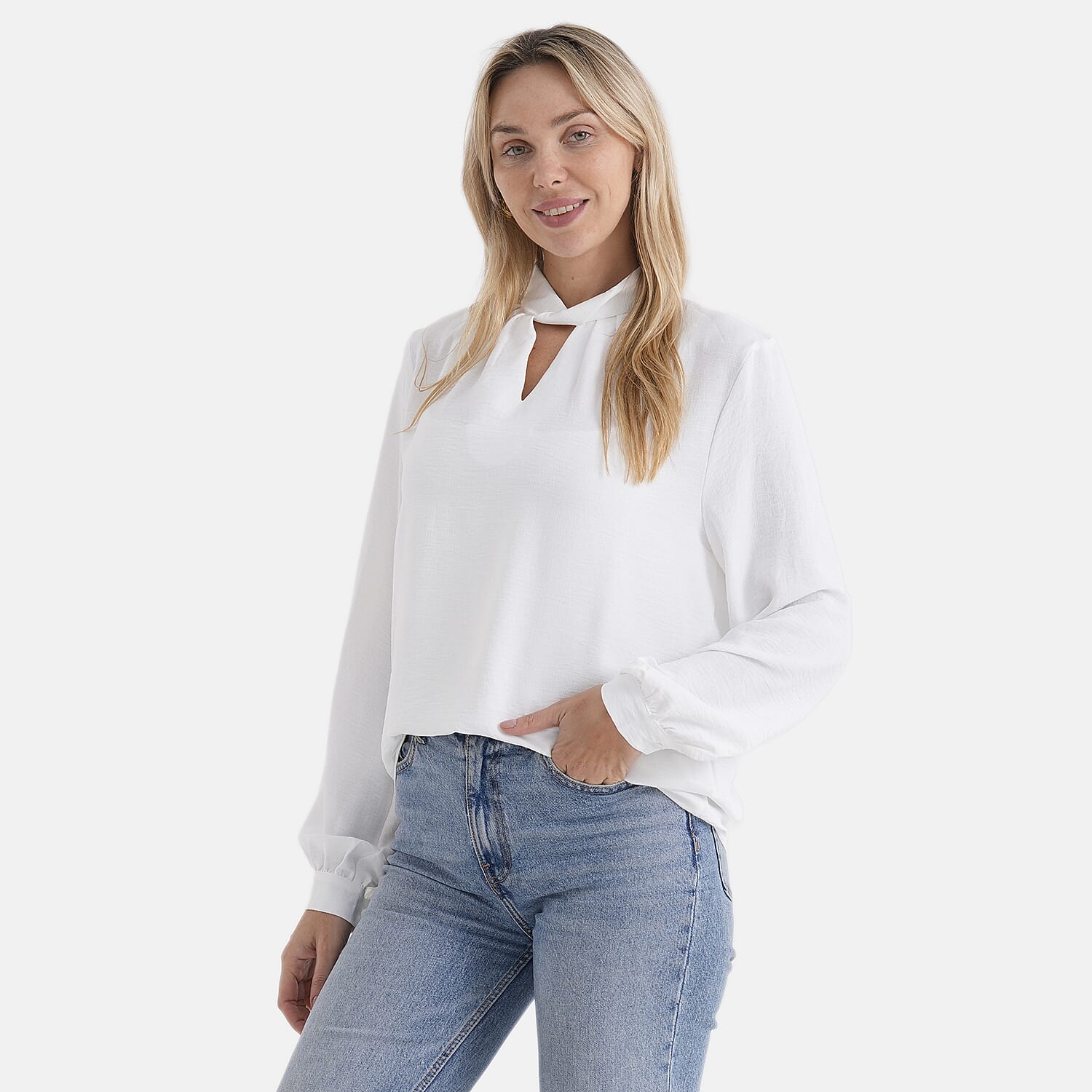 - Maisi Elegant Keyhole Neckline Long-Sleeved Top (Size S, Fit 8 To 10) - White