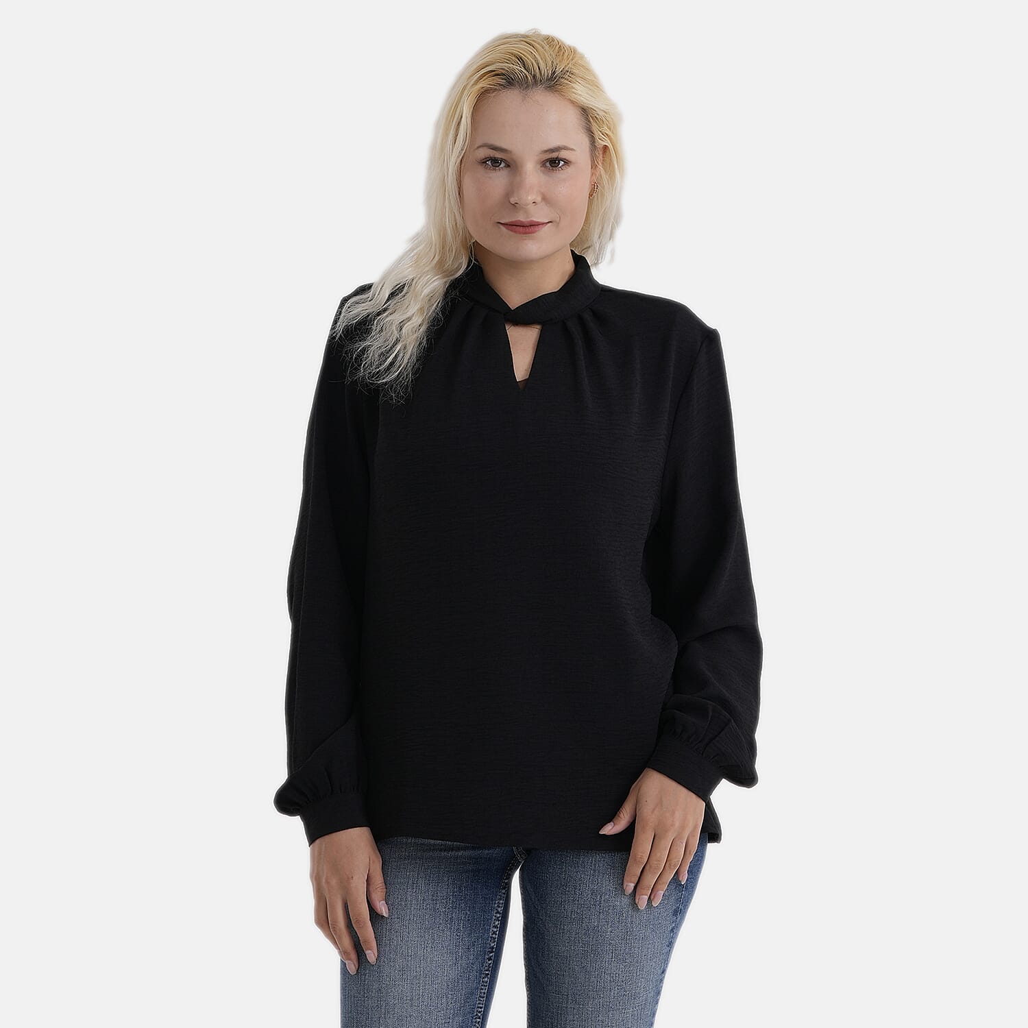 - Maisi Long-Sleeved Blouse With Keyhole Neck Detail (Size 8 To 10) - Black