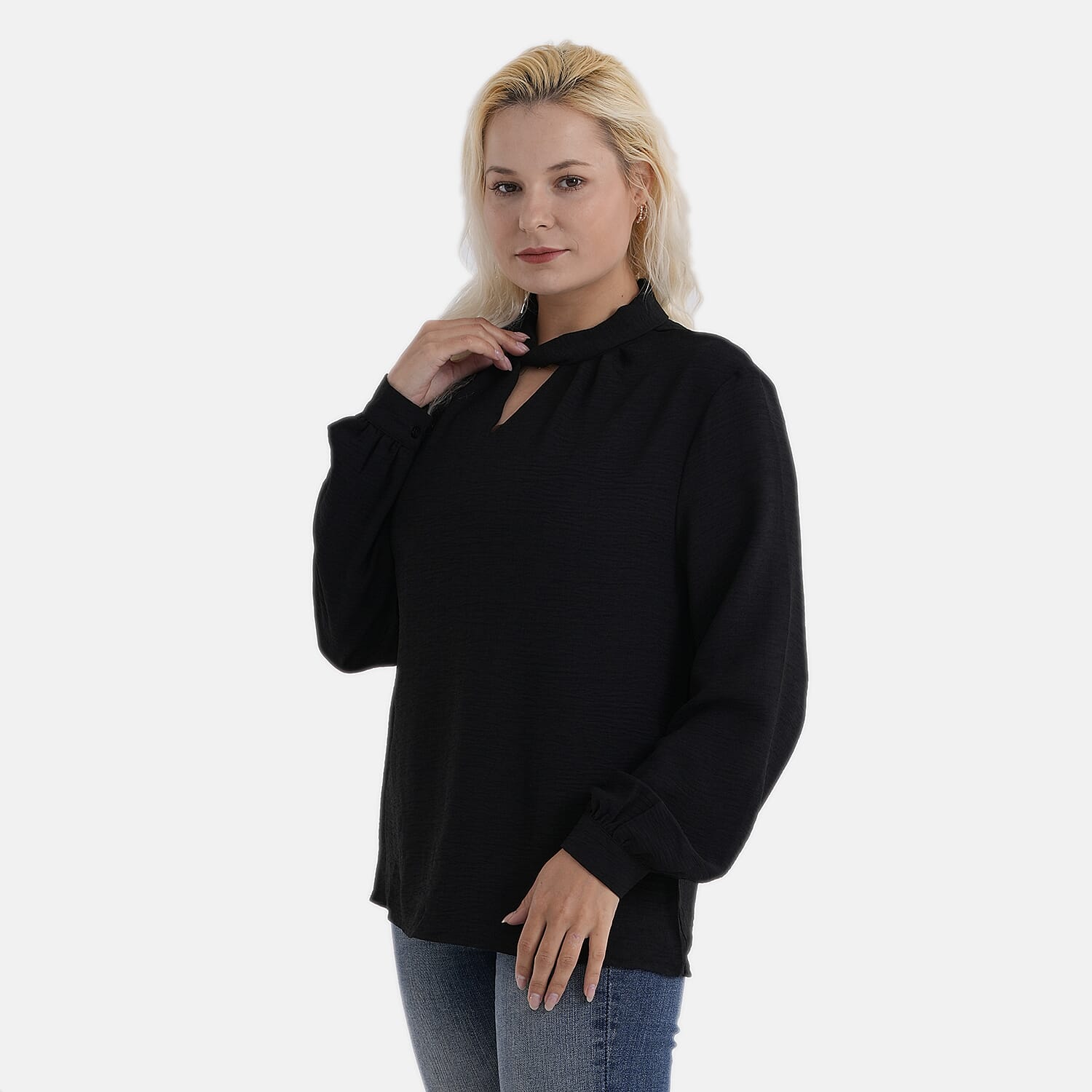 - Maisi Long-Sleeved Blouse With Keyhole Neck Detail (Size 8 To 10) - Black