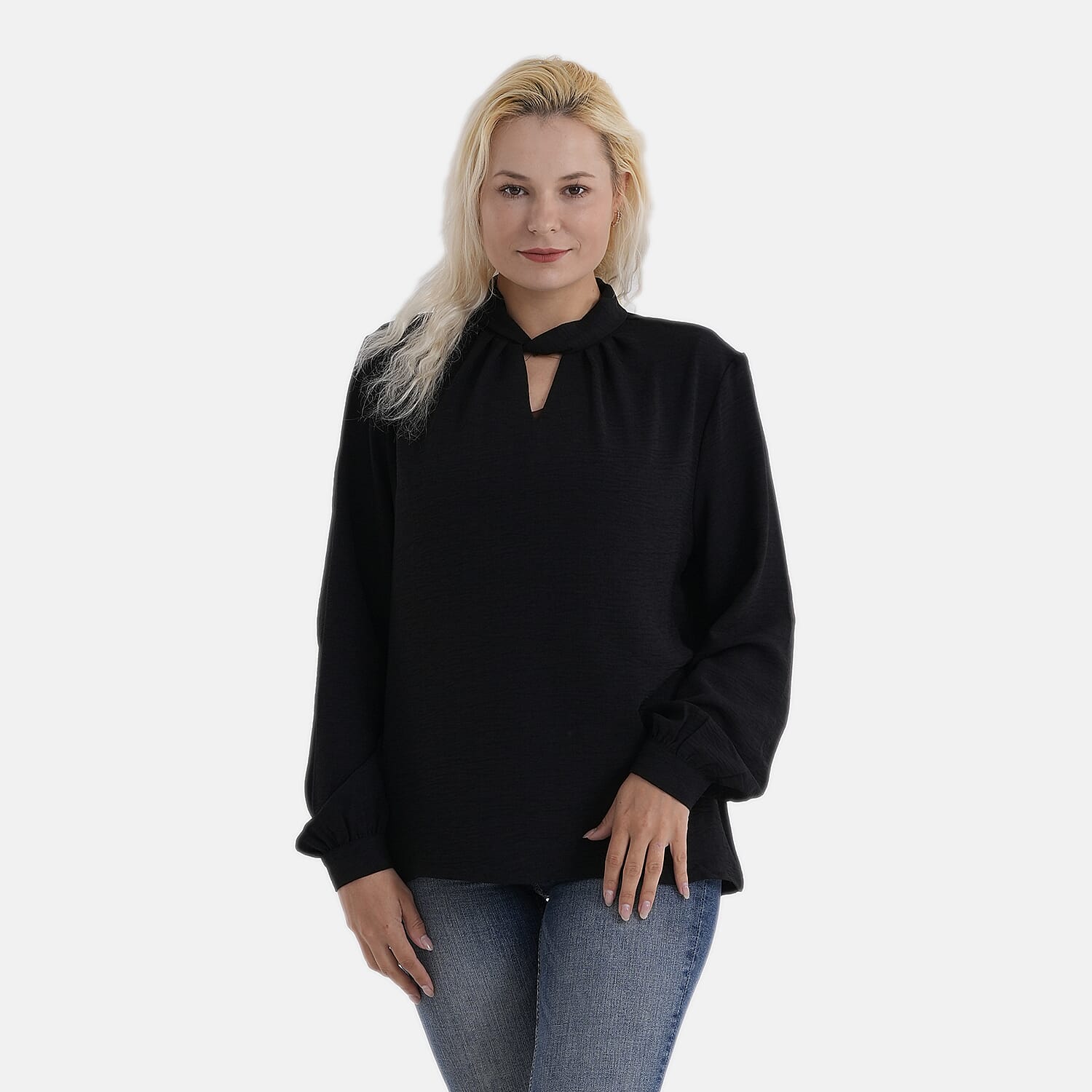 - Maisi Long-Sleeved Blouse With Keyhole Neck Detail (Size 8 To 10) - Black