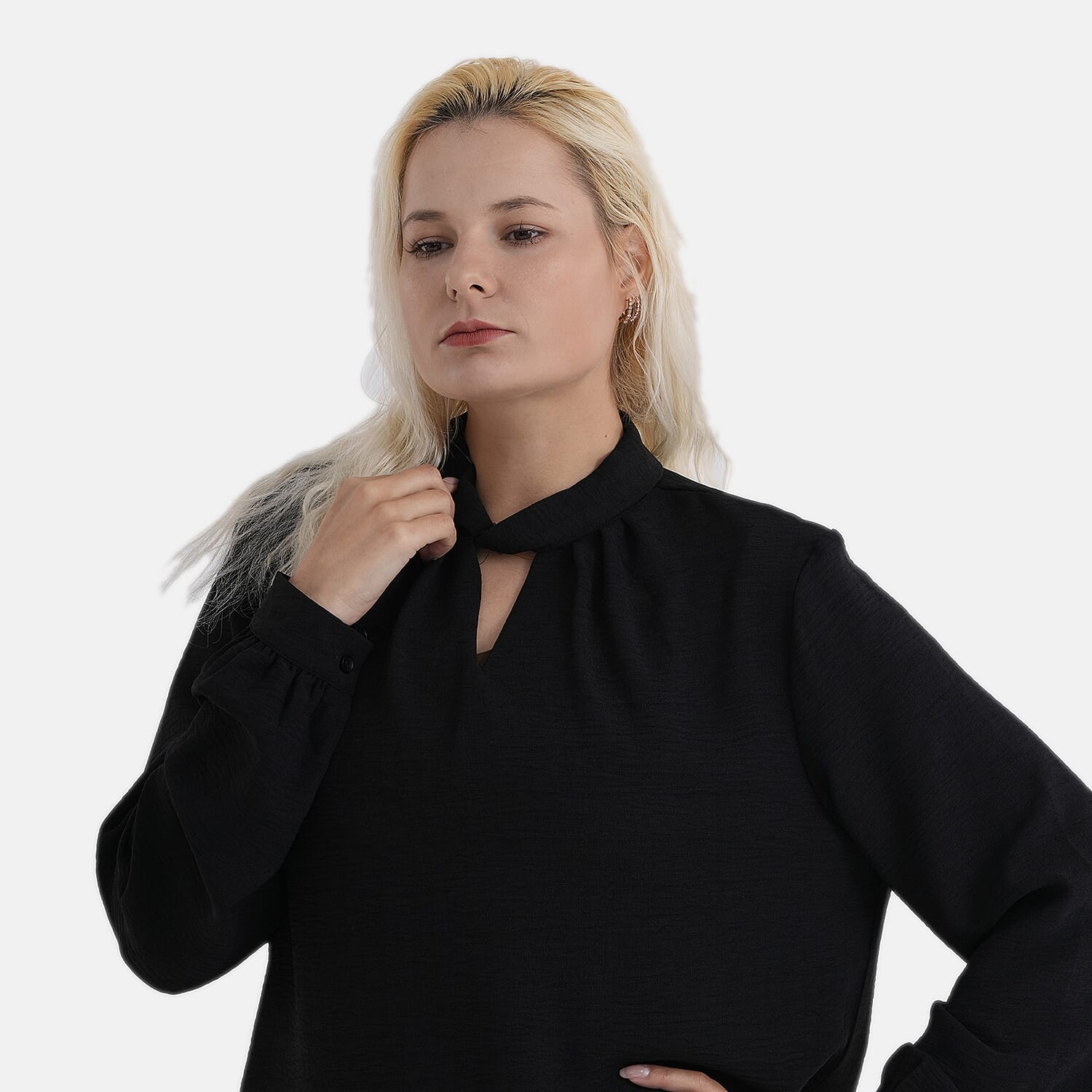 - Maisi Long-Sleeved Blouse With Keyhole Neck Detail (Size 8 To 10) - Black