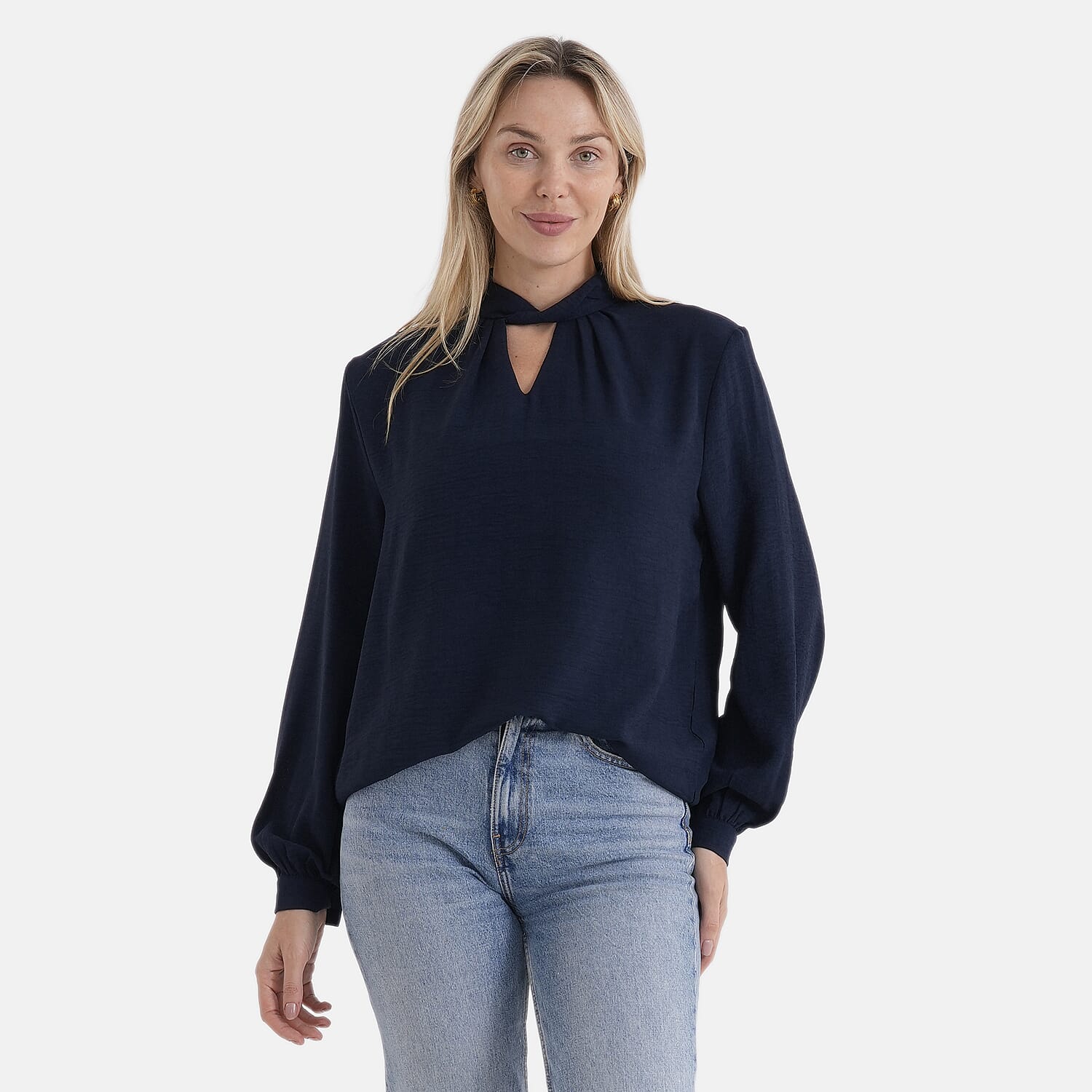 - Maisi Elegant Keyhole Neckline Long-Sleeved Top (Size S, Fit 8 To 10) - Blue