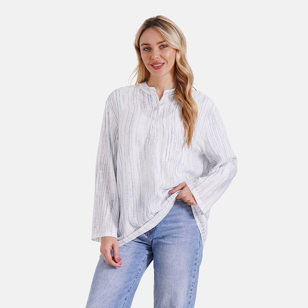 - Maisi Womens Linen Blend Super Soft Long Sleeve Relaxed Fit Blouse (Size S) - Blue