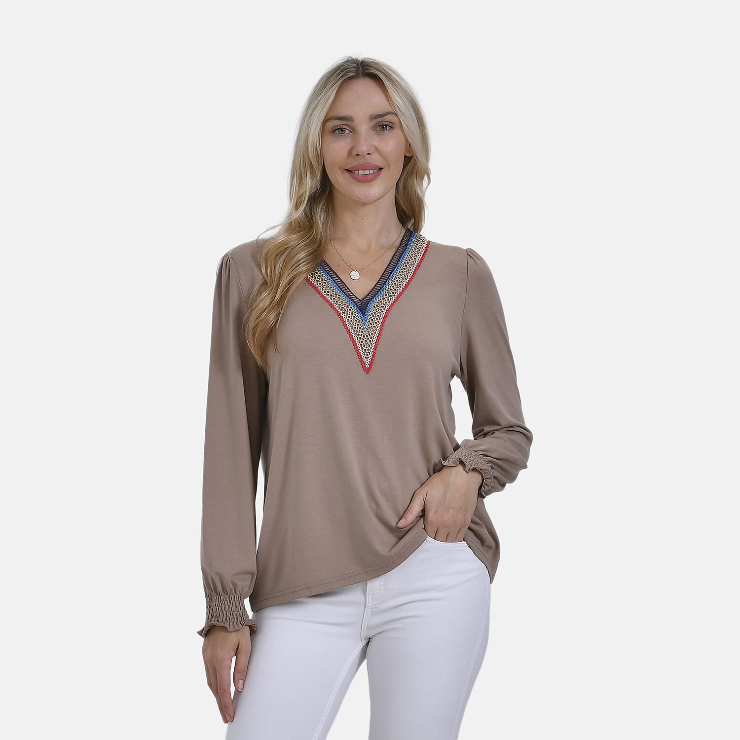 - Maisi V-Neck Lace Blouse (Size S) - Khaki