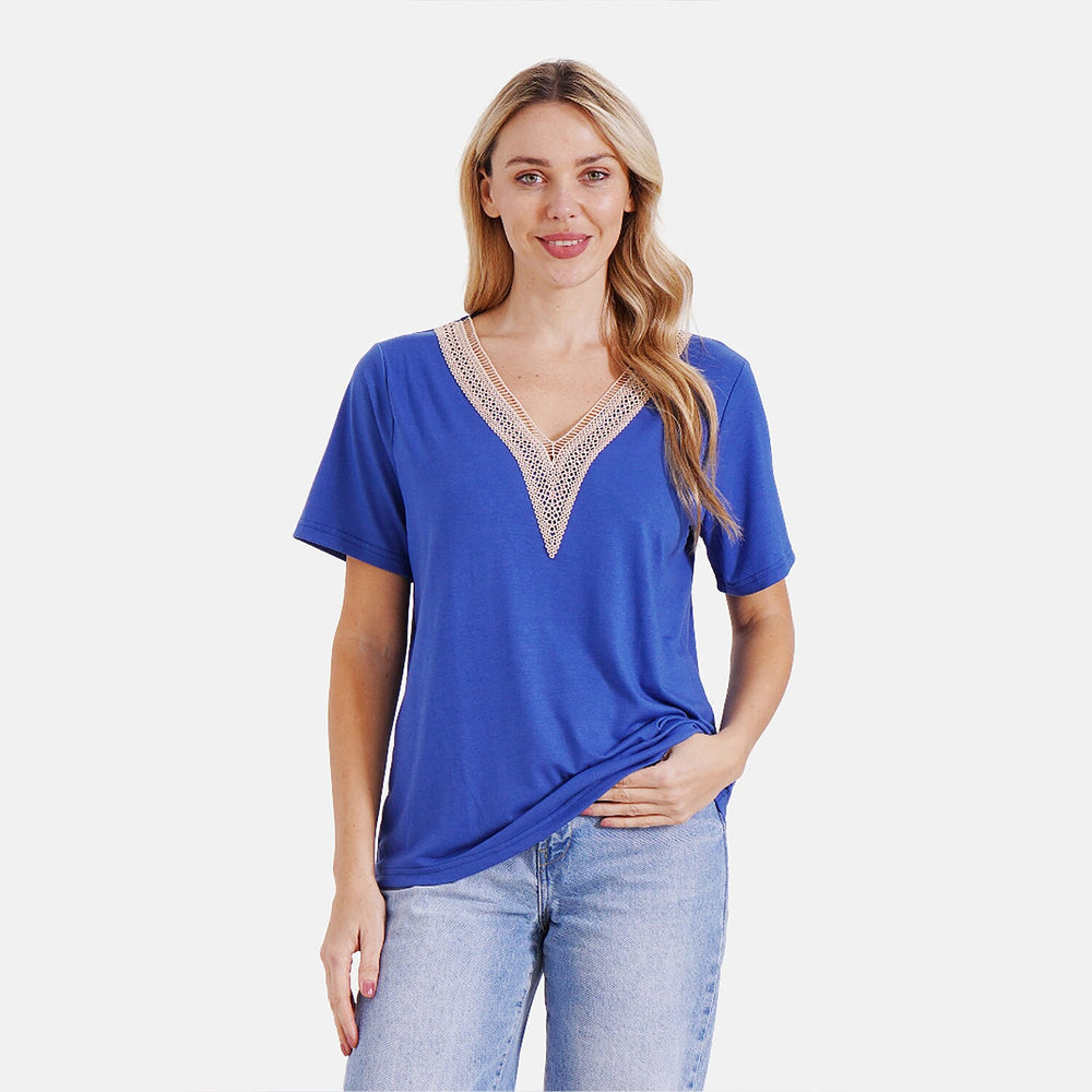 - Maisi Elegant V-Neck Lace Blouse (Size S) - Navy
