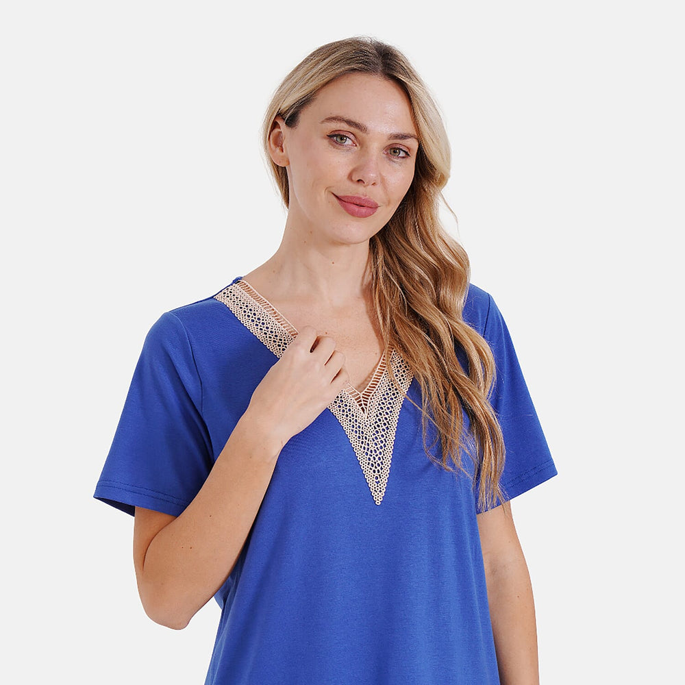 - Maisi Elegant V-Neck Lace Blouse (Size S) - Navy