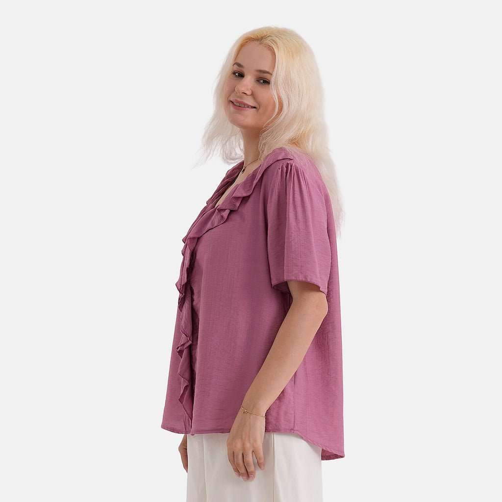- Maisi Ruffled Collar Short Sleeve Blouse (Size - S) - Light Maroon