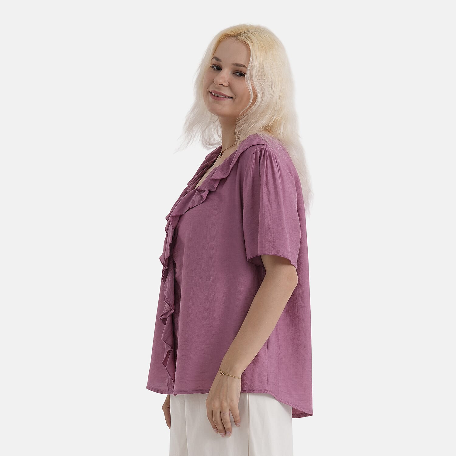 - Maisi Ruffled Collar Short Sleeve Blouse (Size - S) - Light Maroon