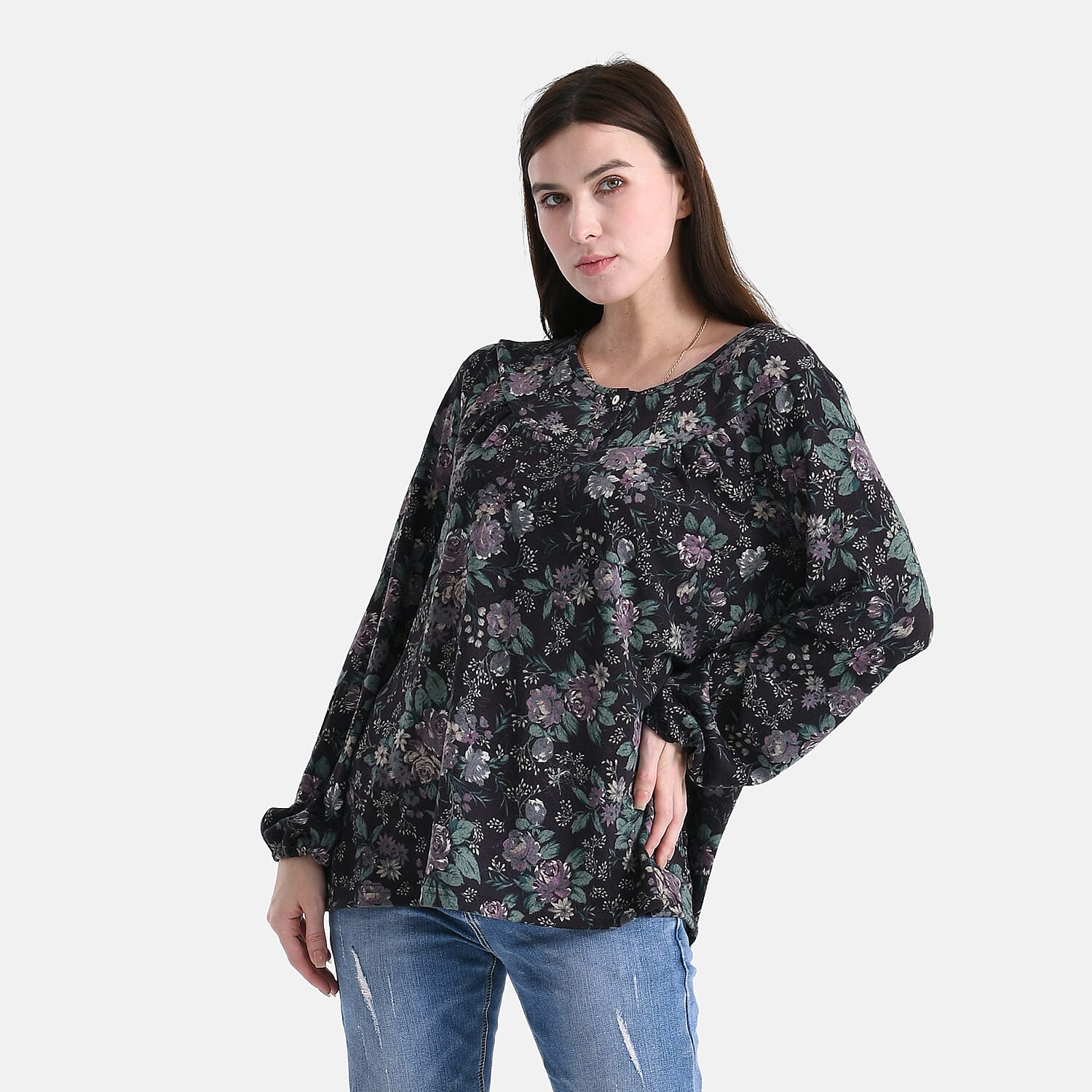 - Maisi Knitted Floral Print Blouse (Size 16-18) - Dark Purple