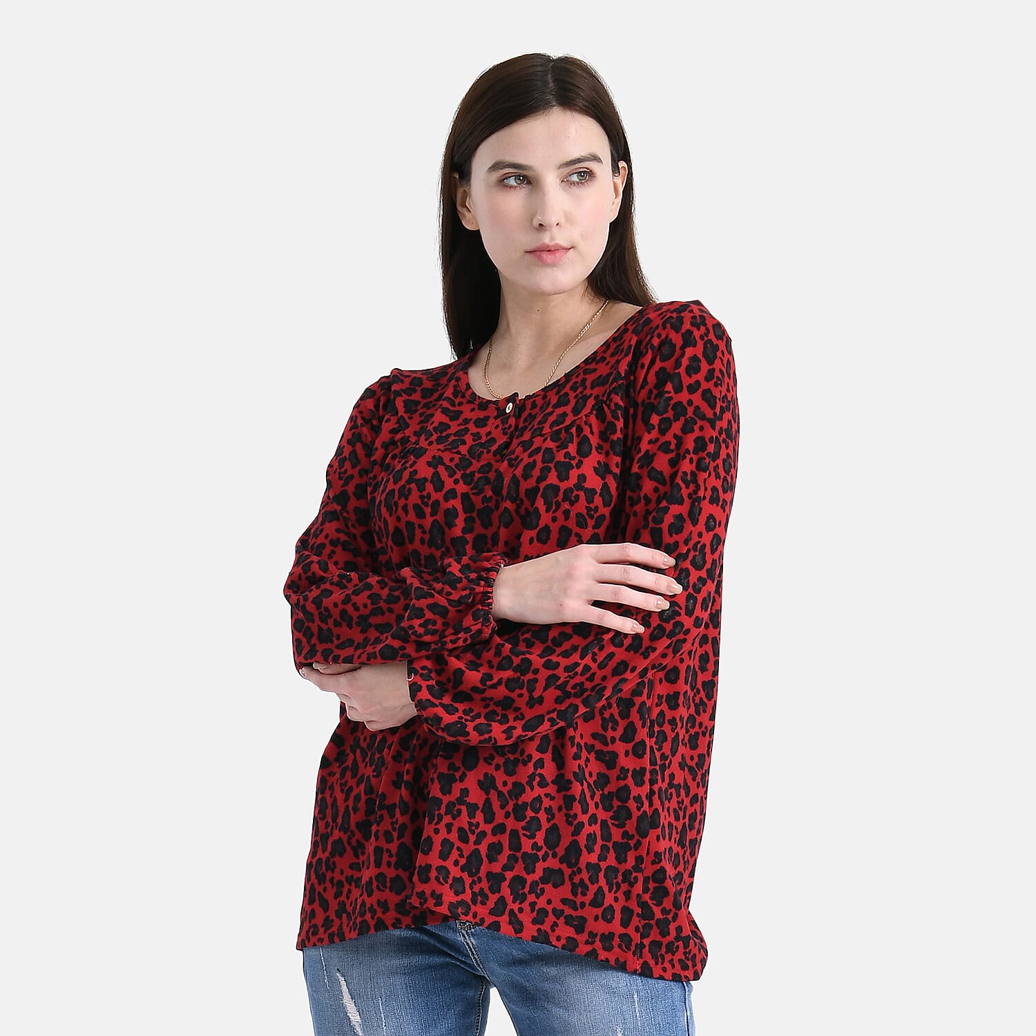 - Maisi Knitted Leopard Print Blouse (Size 16-18) - Black - Red