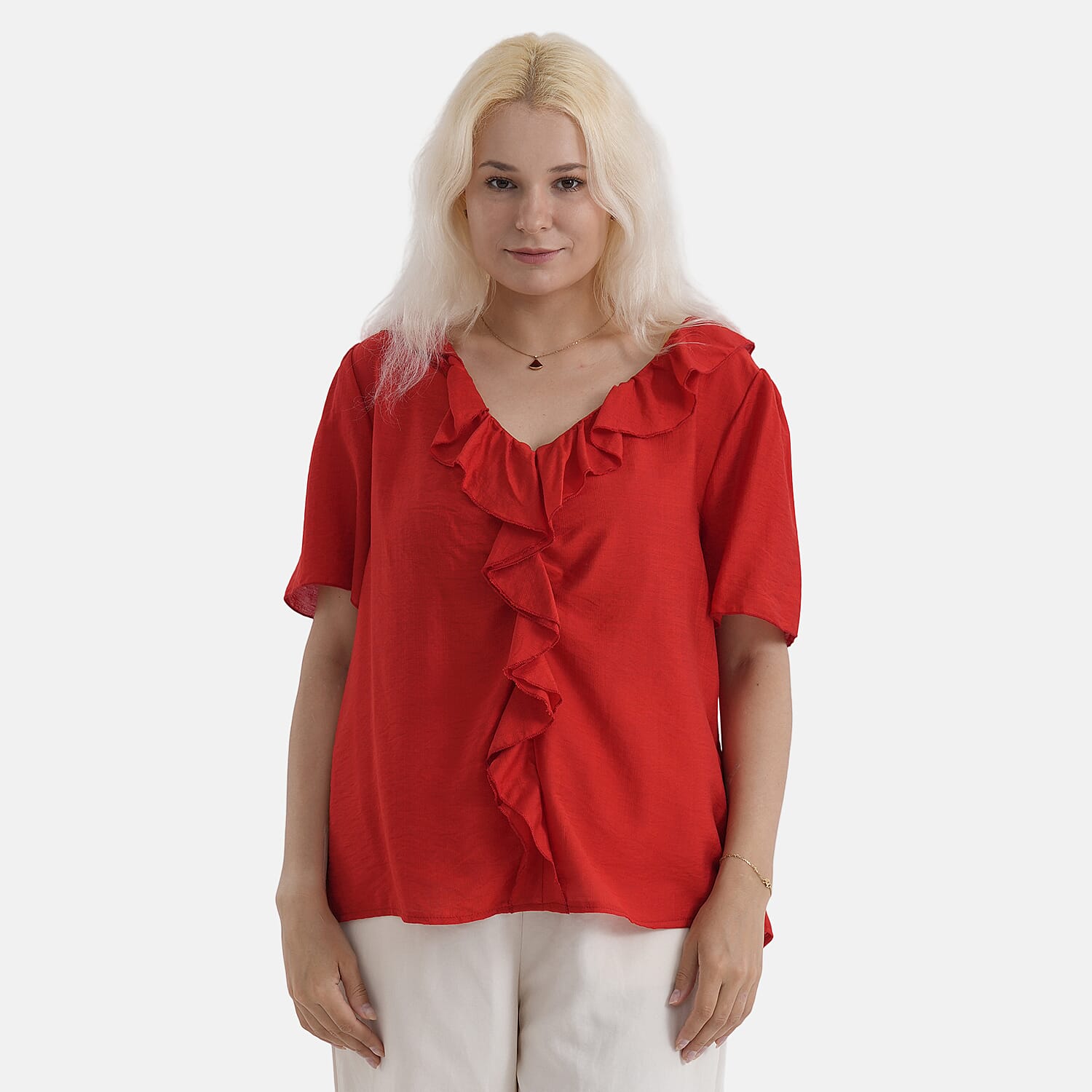 - Maisi Ruffled Collar Short Sleeve Blouse (Size XL) - Red