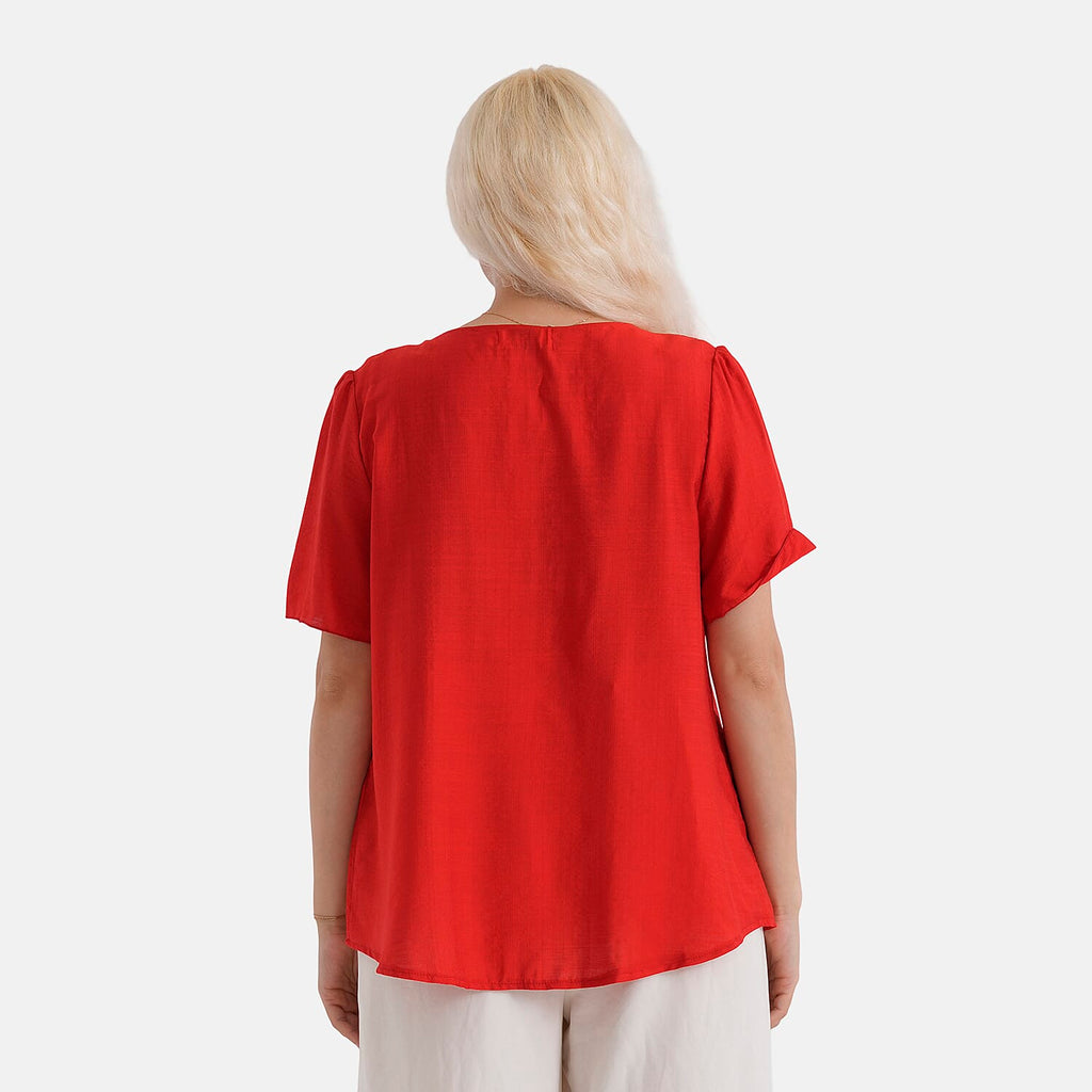 - Maisi Ruffled Collar Short Sleeve Blouse (Size XL) - Red