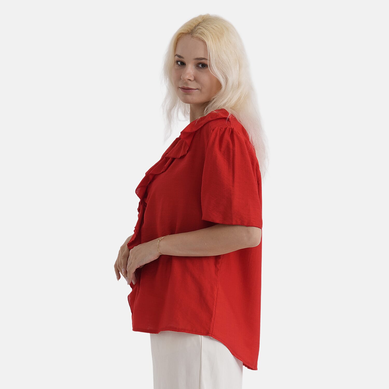 - Maisi Ruffled Collar Short Sleeve Blouse (Size XL) - Red