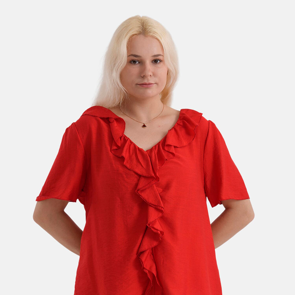 - Maisi Ruffled Collar Short Sleeve Blouse (Size XL) - Red