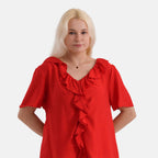 - Maisi Ruffled Collar Short Sleeve Blouse (Size XL) - Red