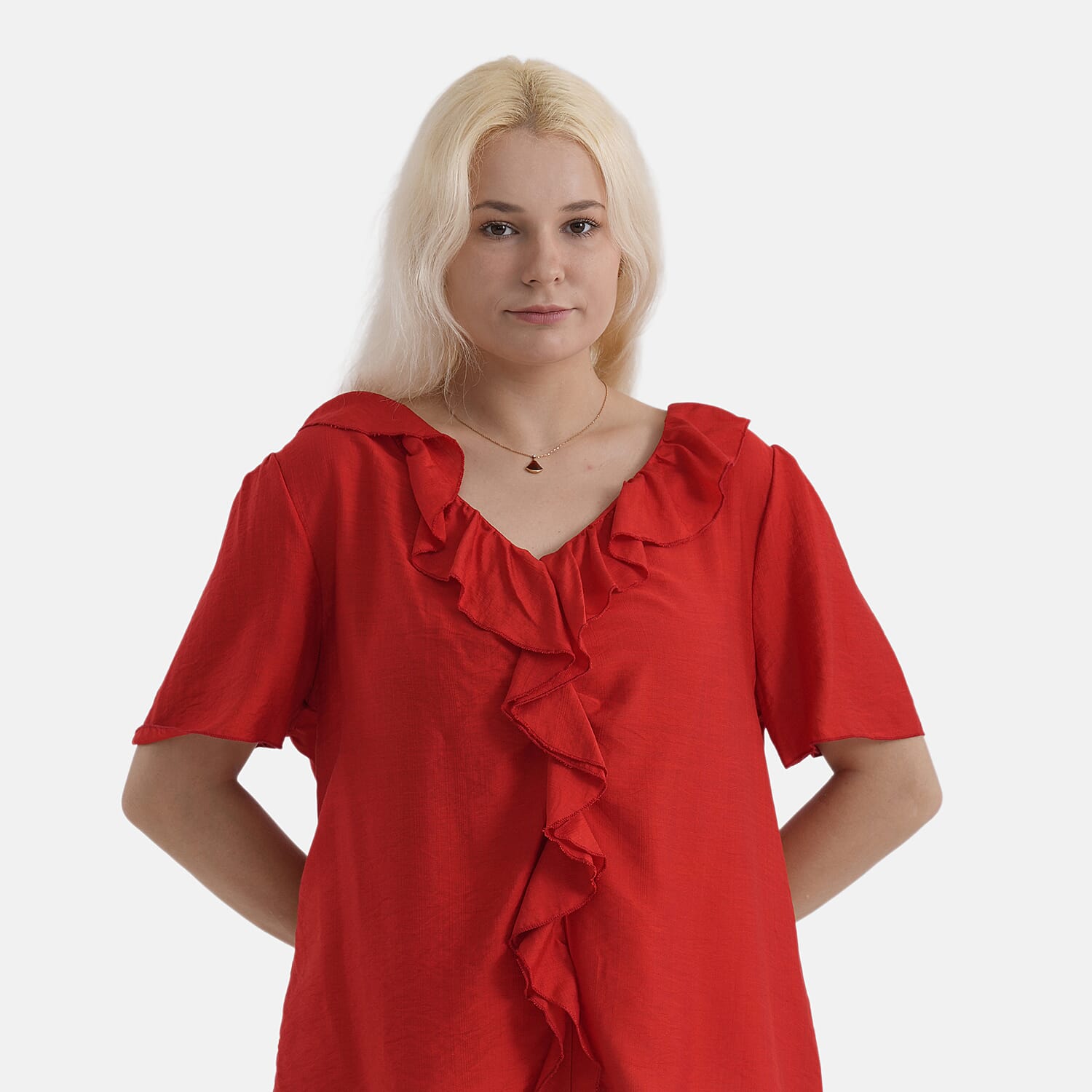 - Maisi Ruffled Collar Short Sleeve Blouse (Size XL) - Red