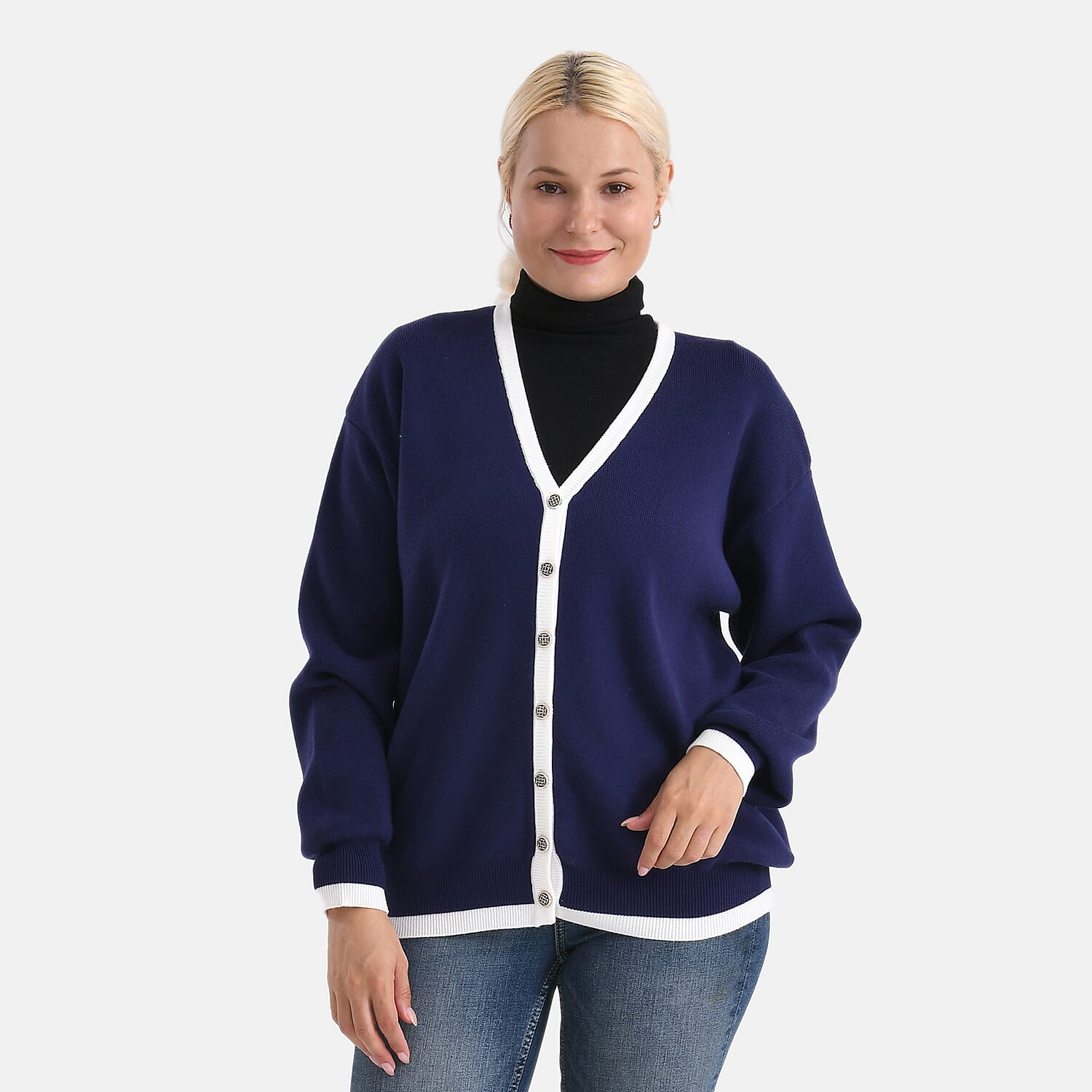 - MAISI Classic V-Neck Contrast Trim Cardigan (Size L) - Navy - White