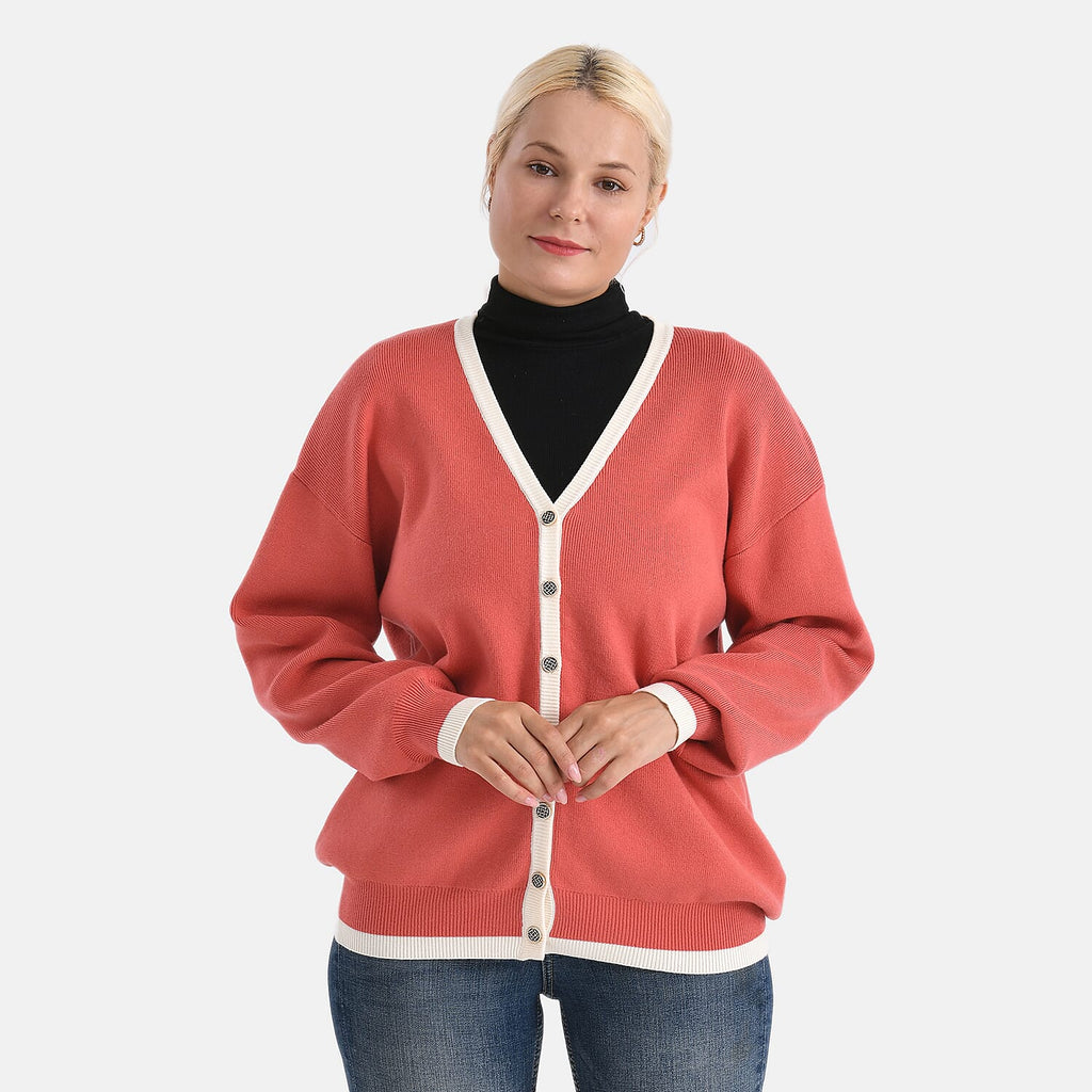 - Maisi Classic V-Neck Button Up Knitted Cardigan (Size L) - Coral - White