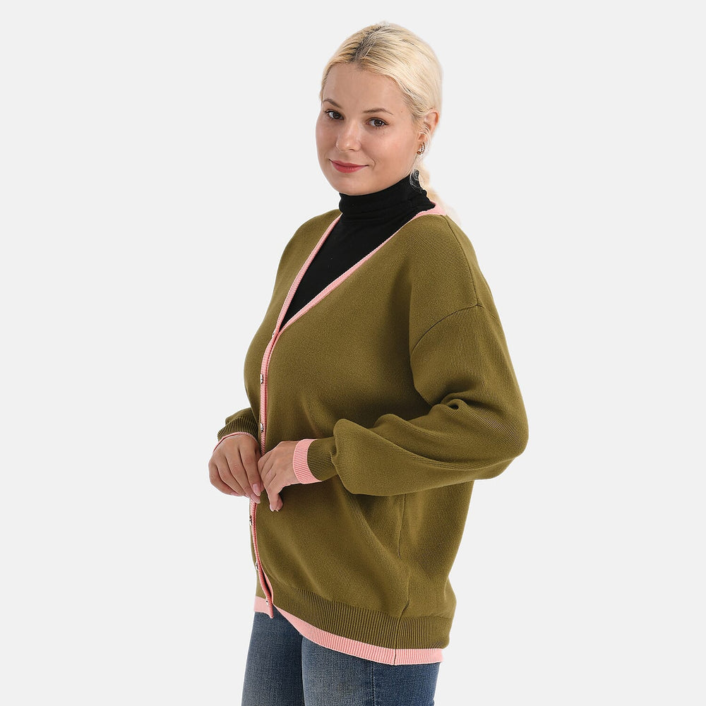 - Maisi Classic V-Neck Button Up Knitted Cardigan (Size L) - Green - Pink