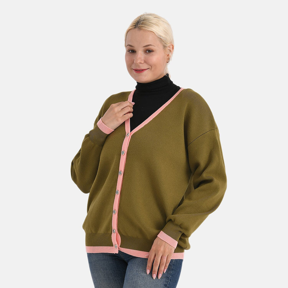 - Maisi Classic V-Neck Button Up Knitted Cardigan (Size L) - Green - Pink