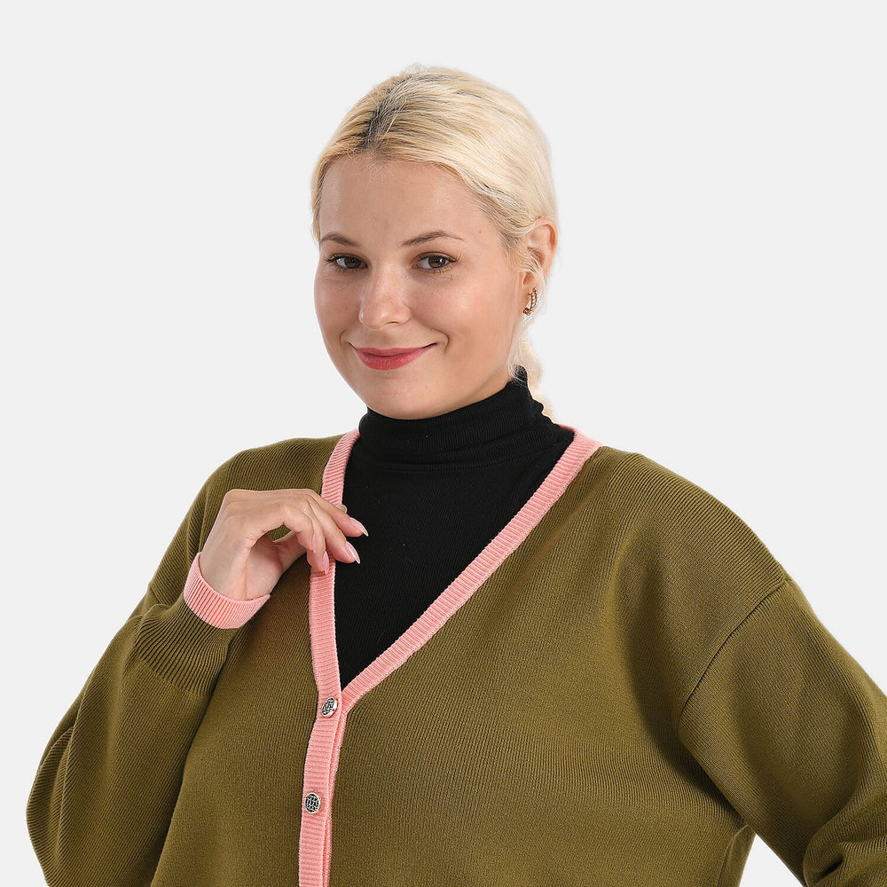- Maisi Classic V-Neck Button Up Knitted Cardigan (Size L) - Green - Pink