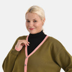 - Maisi Classic V-Neck Button Up Knitted Cardigan (Size L) - Green - Pink