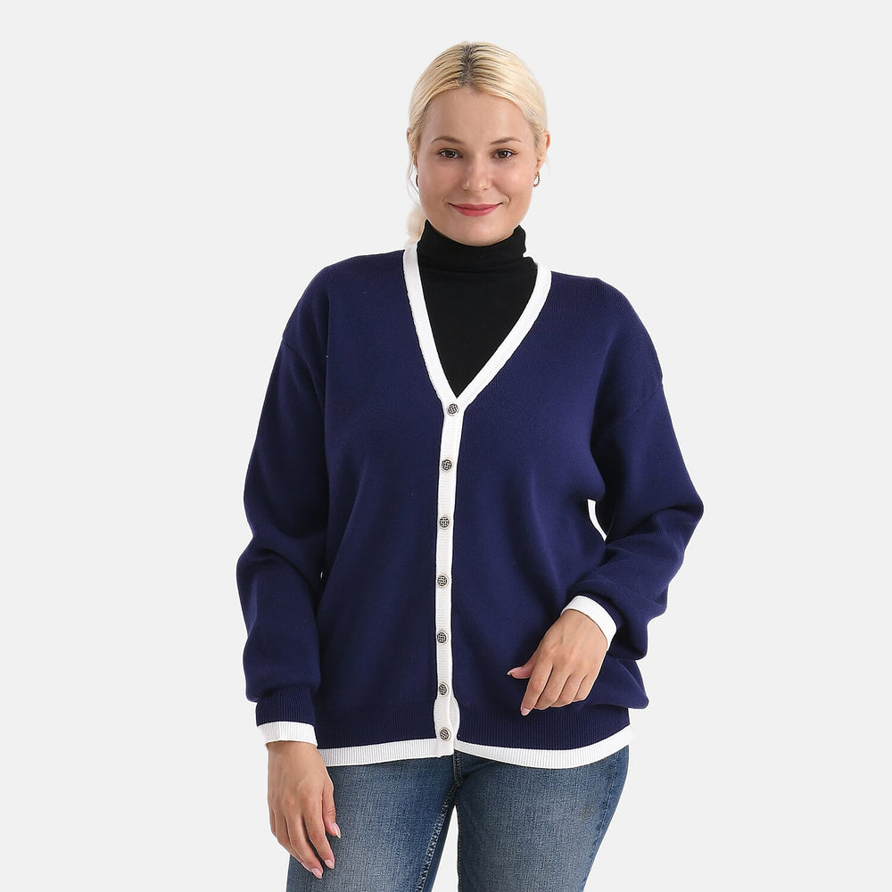 - MAISI Classic V-Neck Contrast Trim Cardigan (Size M) - Navy - White