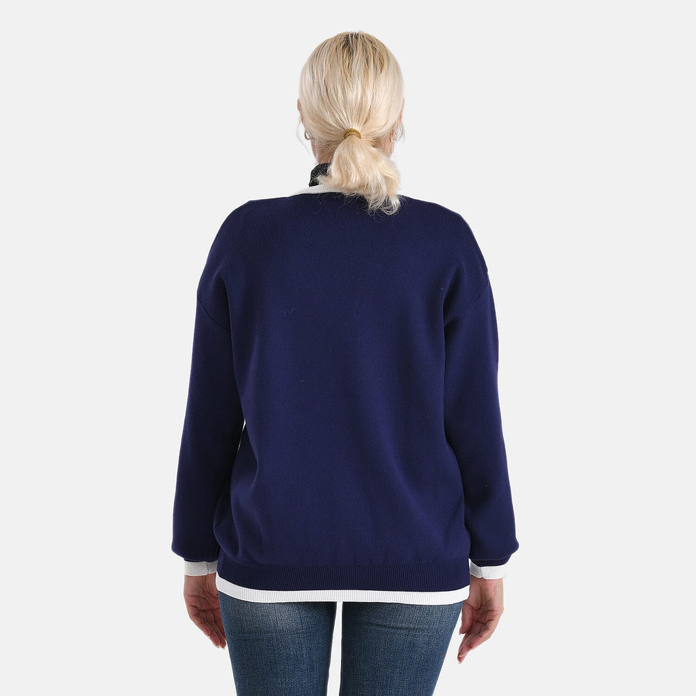 - MAISI Classic V-Neck Contrast Trim Cardigan (Size M) - Navy - White