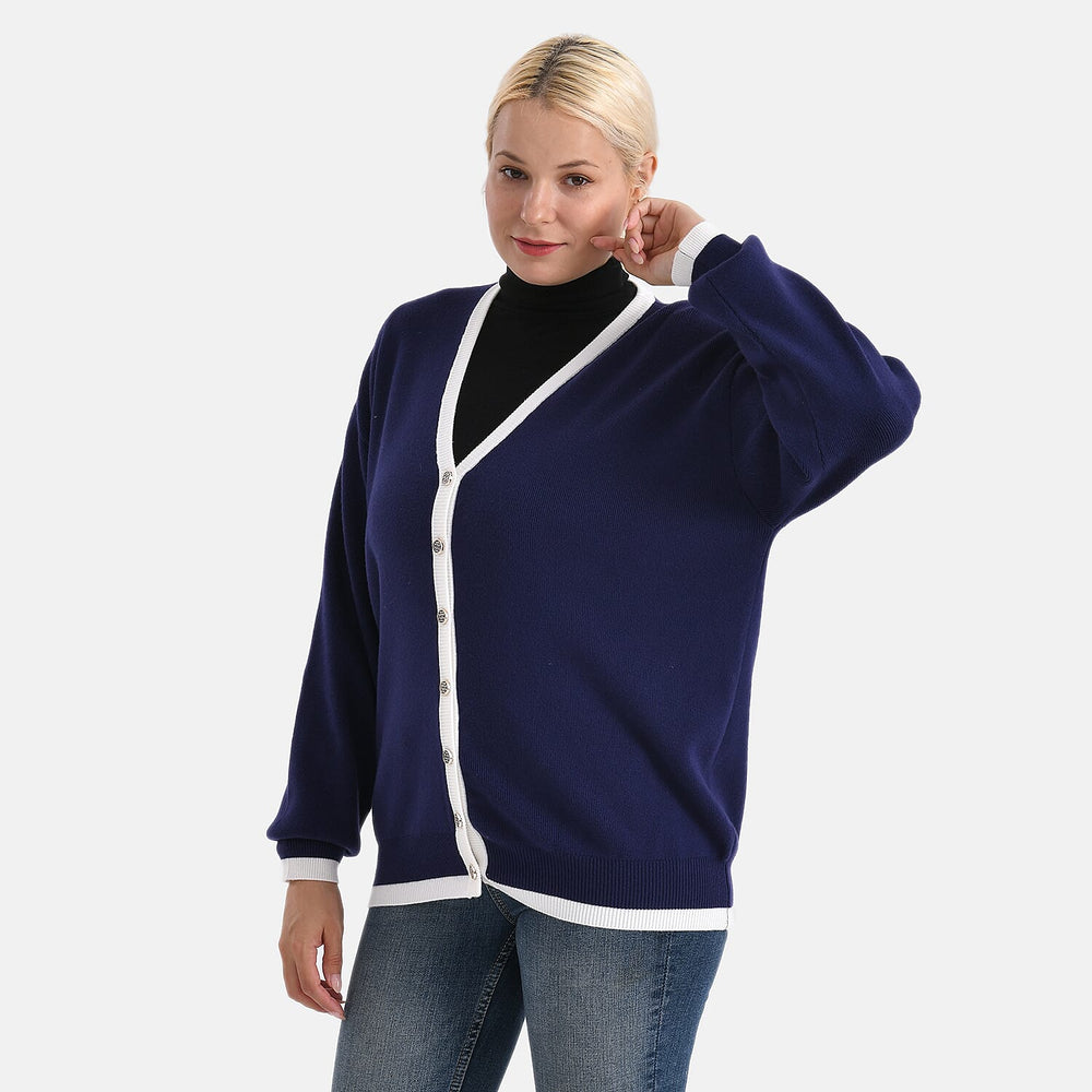 - MAISI Classic V-Neck Contrast Trim Cardigan (Size M) - Navy - White