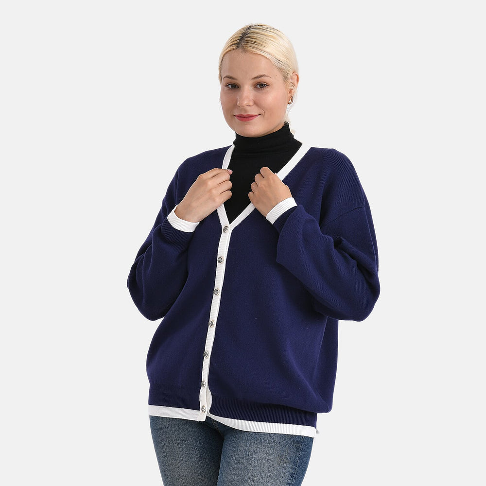 - MAISI Classic V-Neck Contrast Trim Cardigan (Size M) - Navy - White