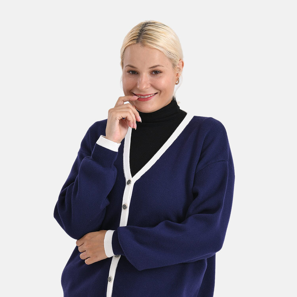- MAISI Classic V-Neck Contrast Trim Cardigan (Size M) - Navy - White