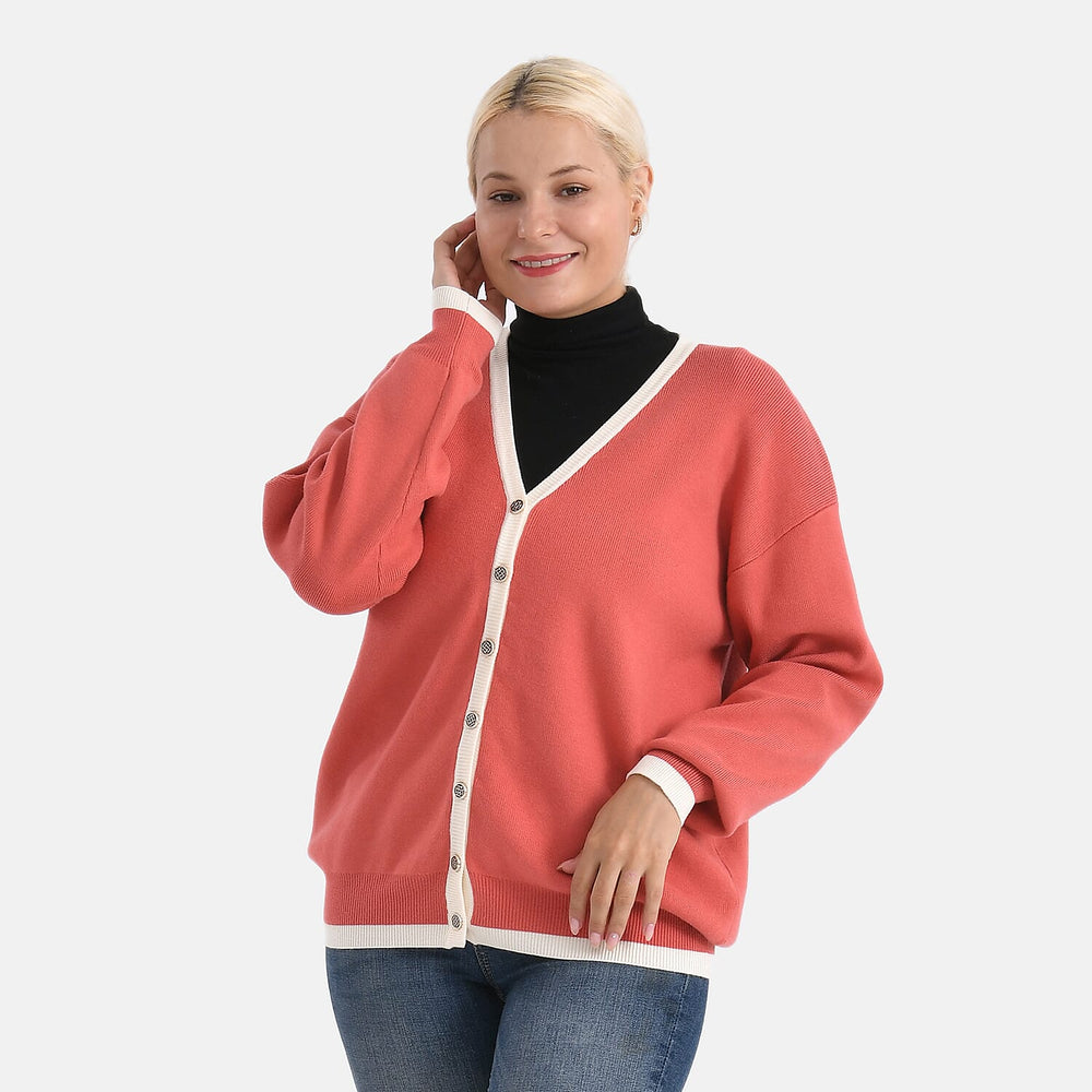 - Maisi Classic V-Neck Button Up Knitted Cardigan (Size M) - Coral - White