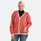 - Maisi Classic V-Neck Button Up Knitted Cardigan (Size M) - Coral - White
