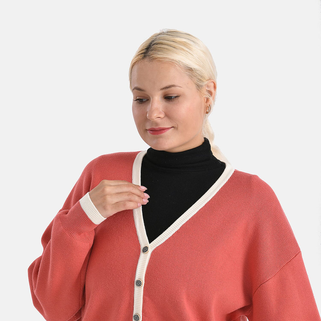 - Maisi Classic V-Neck Button Up Knitted Cardigan (Size M) - Coral - White