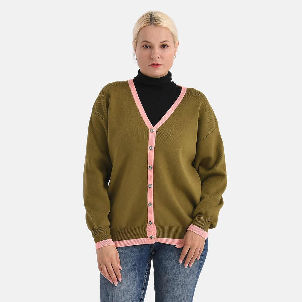 - Maisi Classic V-Neck Button Up Knitted Cardigan (Size M) - Green - Pink