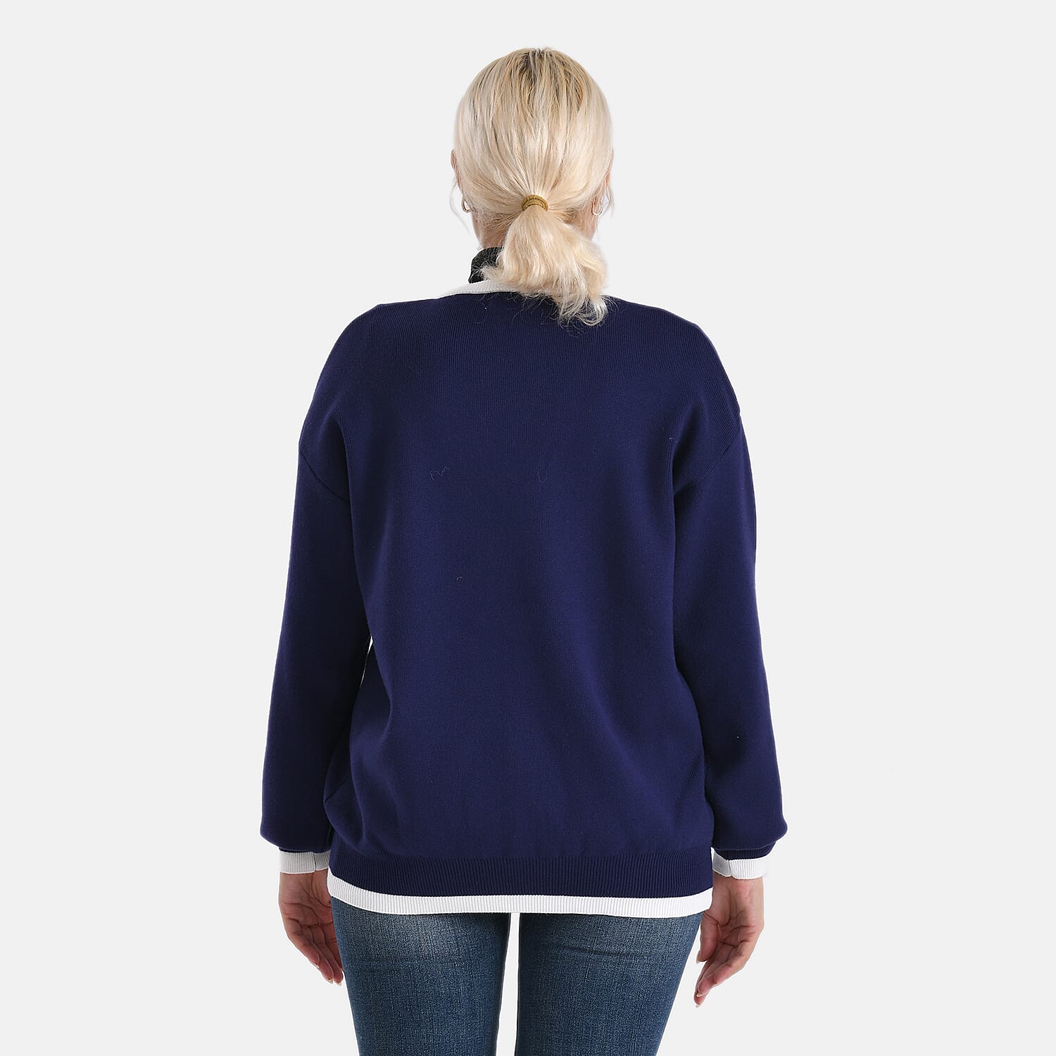 - MAISI Classic V-Neck Contrast Trim Cardigan (Size S) - Navy - White