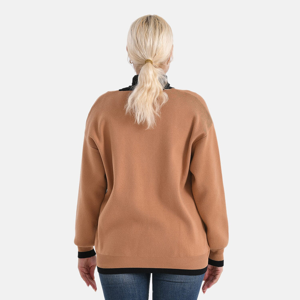 - MAISI Classic V-Neck Contrast Trim Cardigan (Size S) - Brown - Black