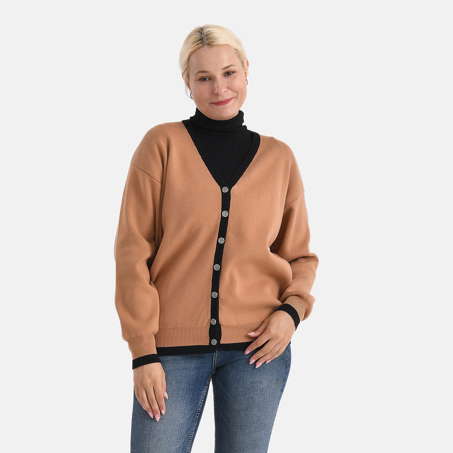 - MAISI Classic V-Neck Contrast Trim Cardigan (Size S) - Brown - Black