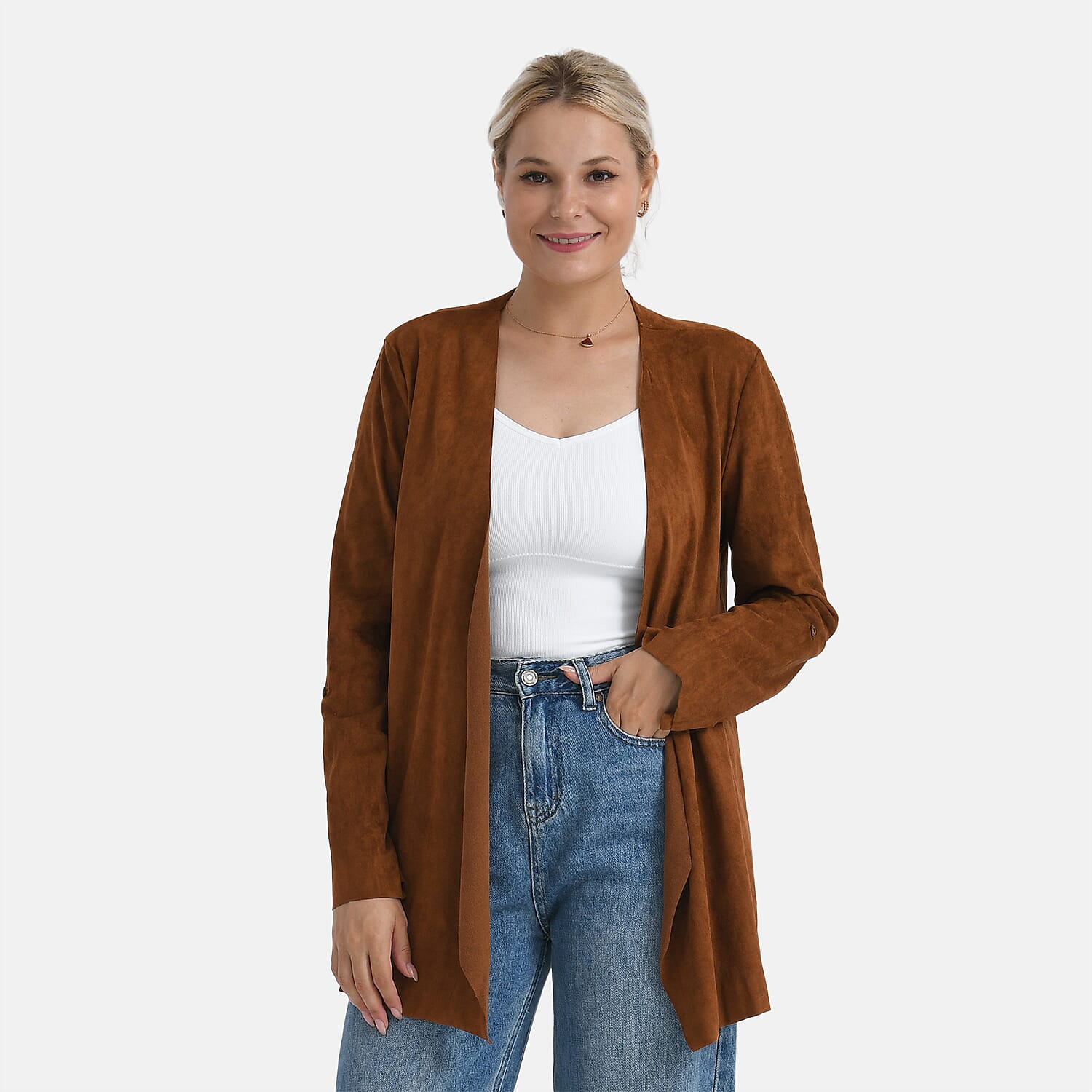- Maisi Suedette Lond Sleeve Fall Cardigan (Size S) - Brown