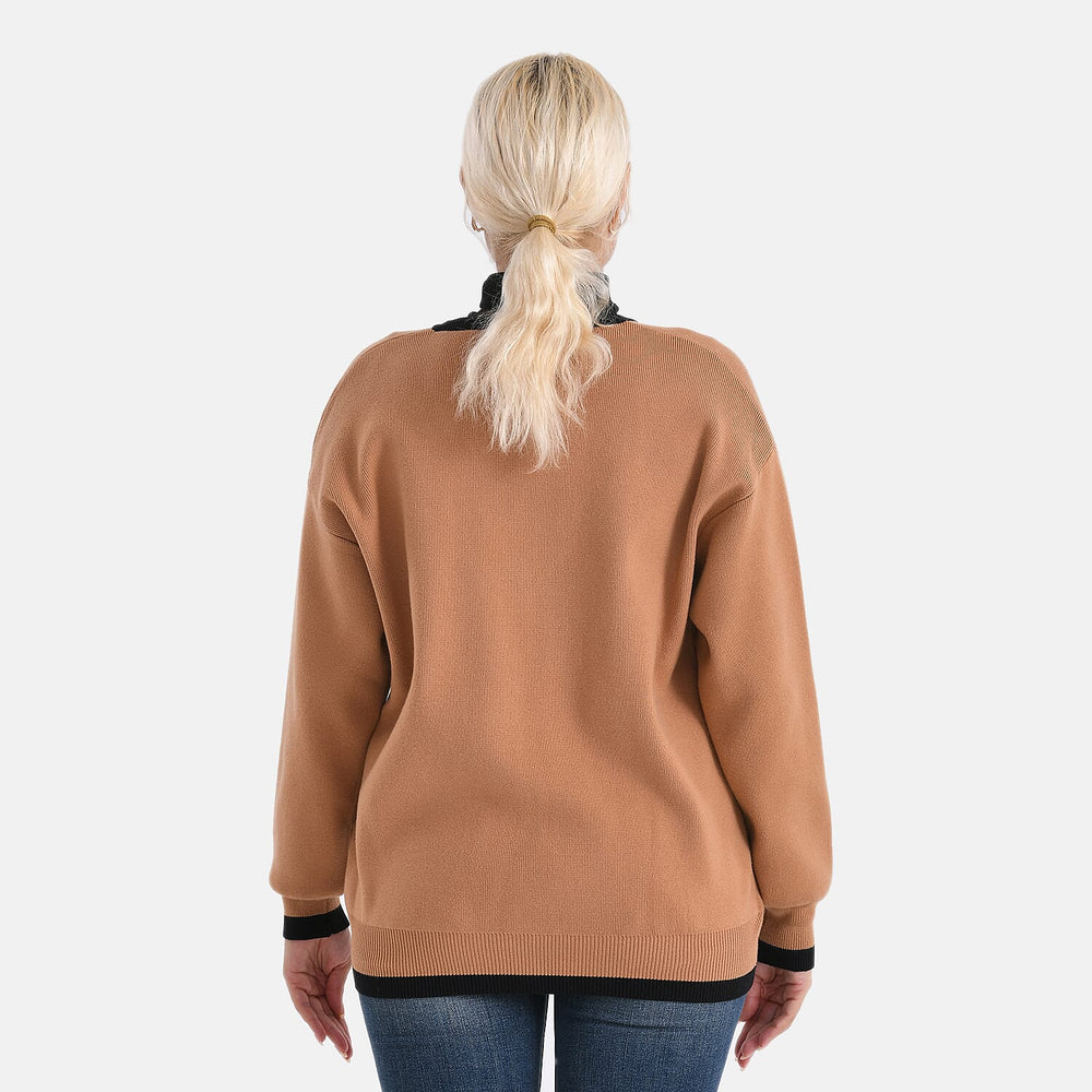 - MAISI Classic V-Neck Contrast Trim Cardigan (Size XL) - Brown - Black