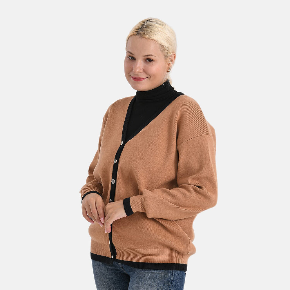 - MAISI Classic V-Neck Contrast Trim Cardigan (Size XL) - Brown - Black
