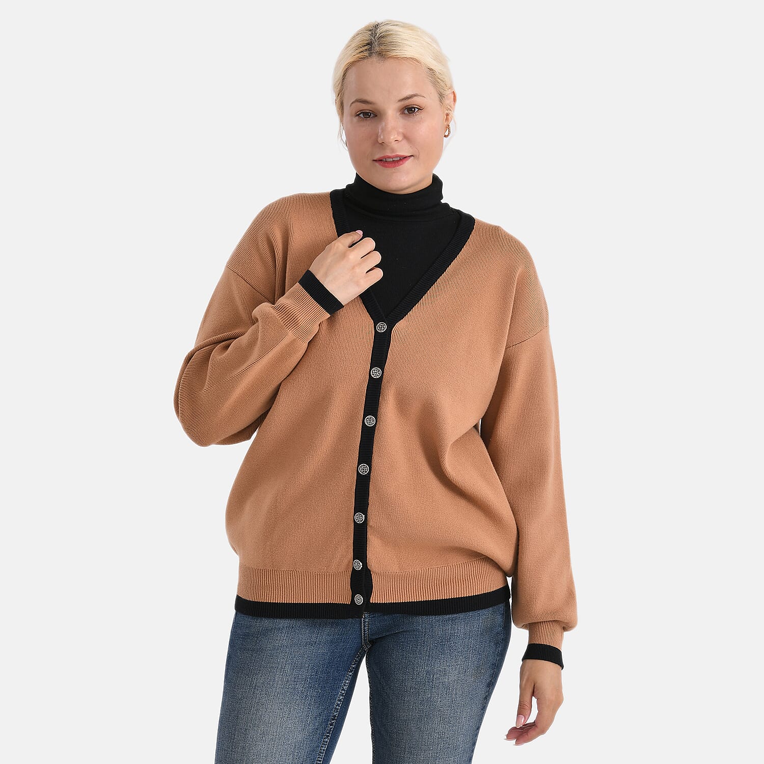 - MAISI Classic V-Neck Contrast Trim Cardigan (Size XL) - Brown - Black