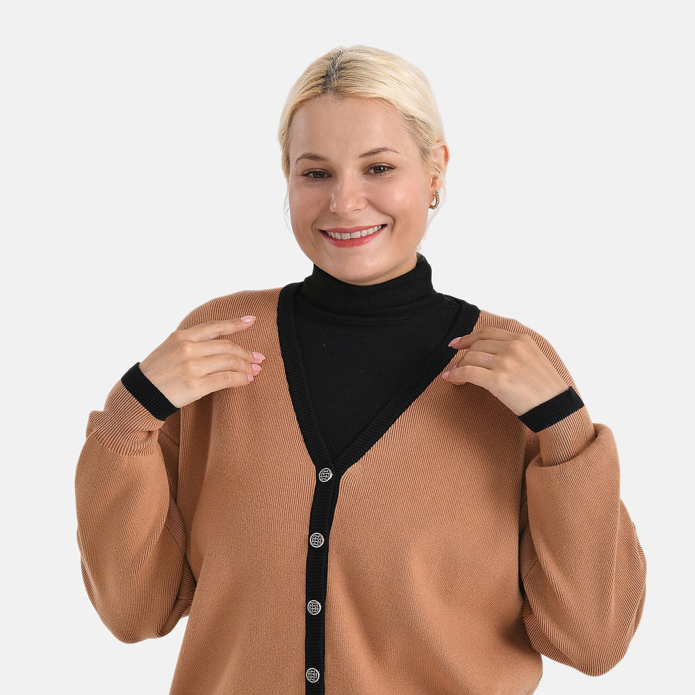 - MAISI Classic V-Neck Contrast Trim Cardigan (Size XL) - Brown - Black
