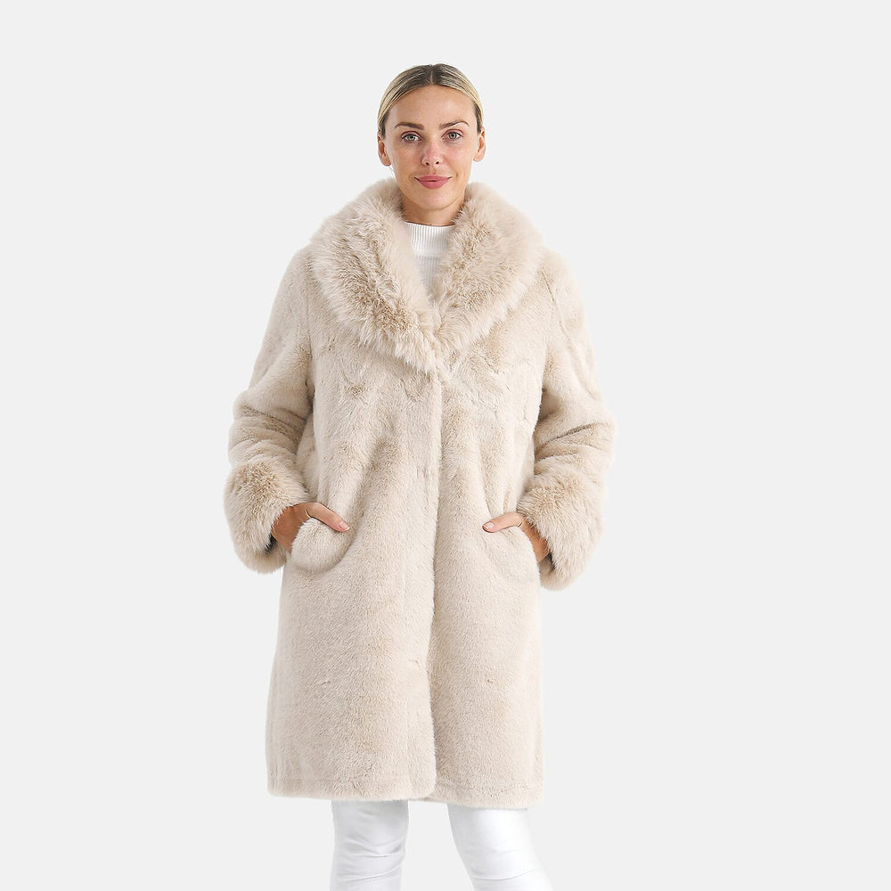 &  maisi Women’s Plush Faux Fur Longline Coat with Shawl Collar & Pockets