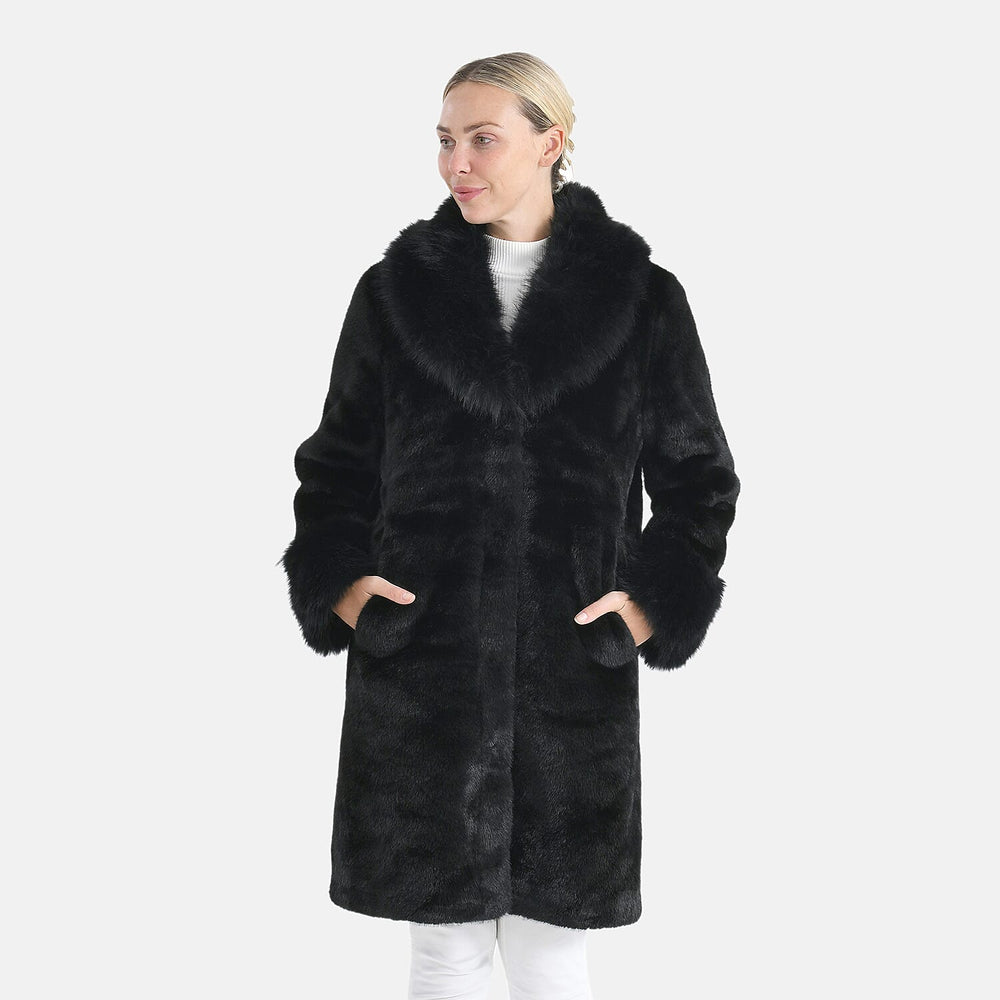 THE OPULENT LUXURY - Valissiere Exquisite Faux Fur Longline Coat (Size - S-M 8 to 14) - Black