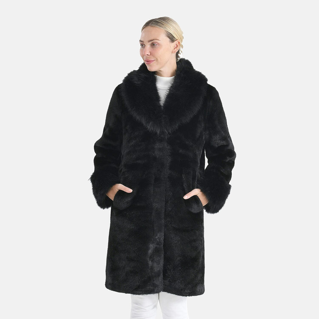 THE OPULENT LUXURY - Valissiere Exquisite Faux Fur Longline Coat (Size - S-M 8 to 14) - Black